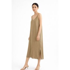 Grana Tan Chinese Silk V-Neck Spaghetti Strap Slip Dress Small Khaki Midi